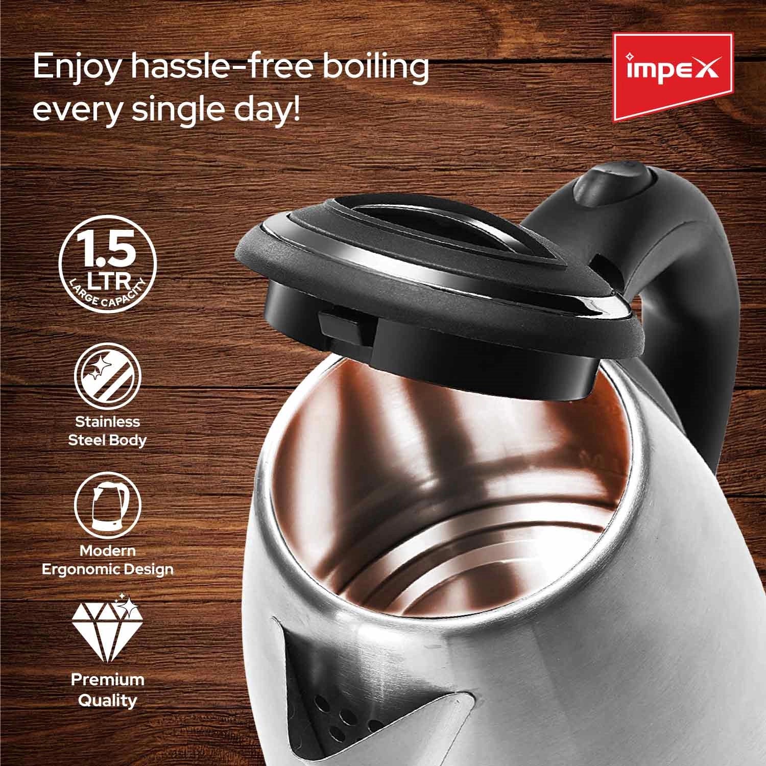 Impex STEAMER-1501 Stainless Steel Electric Kettle (1.5 Litre,1500 Watts,Silver) - Image 3