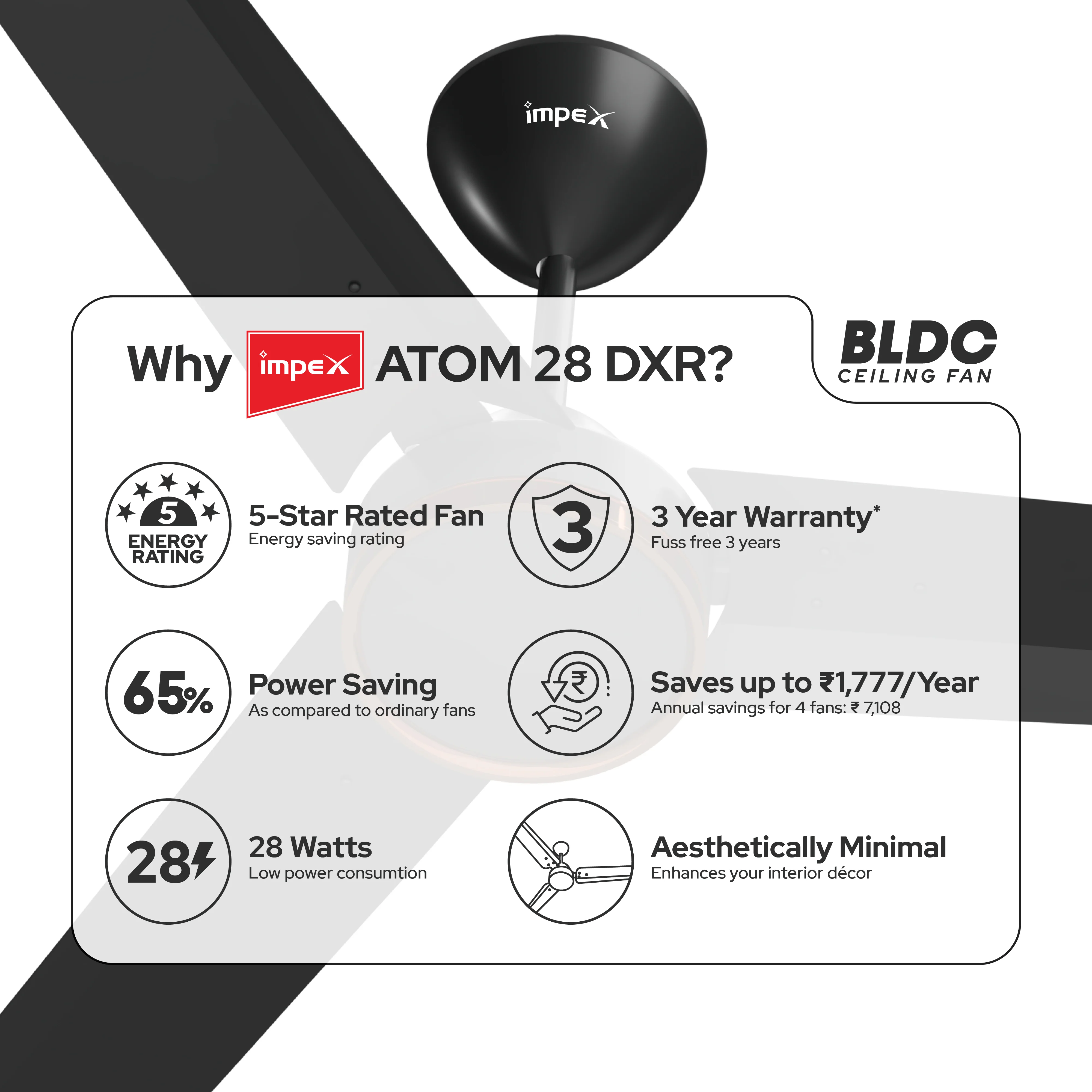 Impex 1200mm Ceiling Fan BLDC ATOM 28 Dx R with Remote - 5 Star | 3 Year Warranty - Image 6