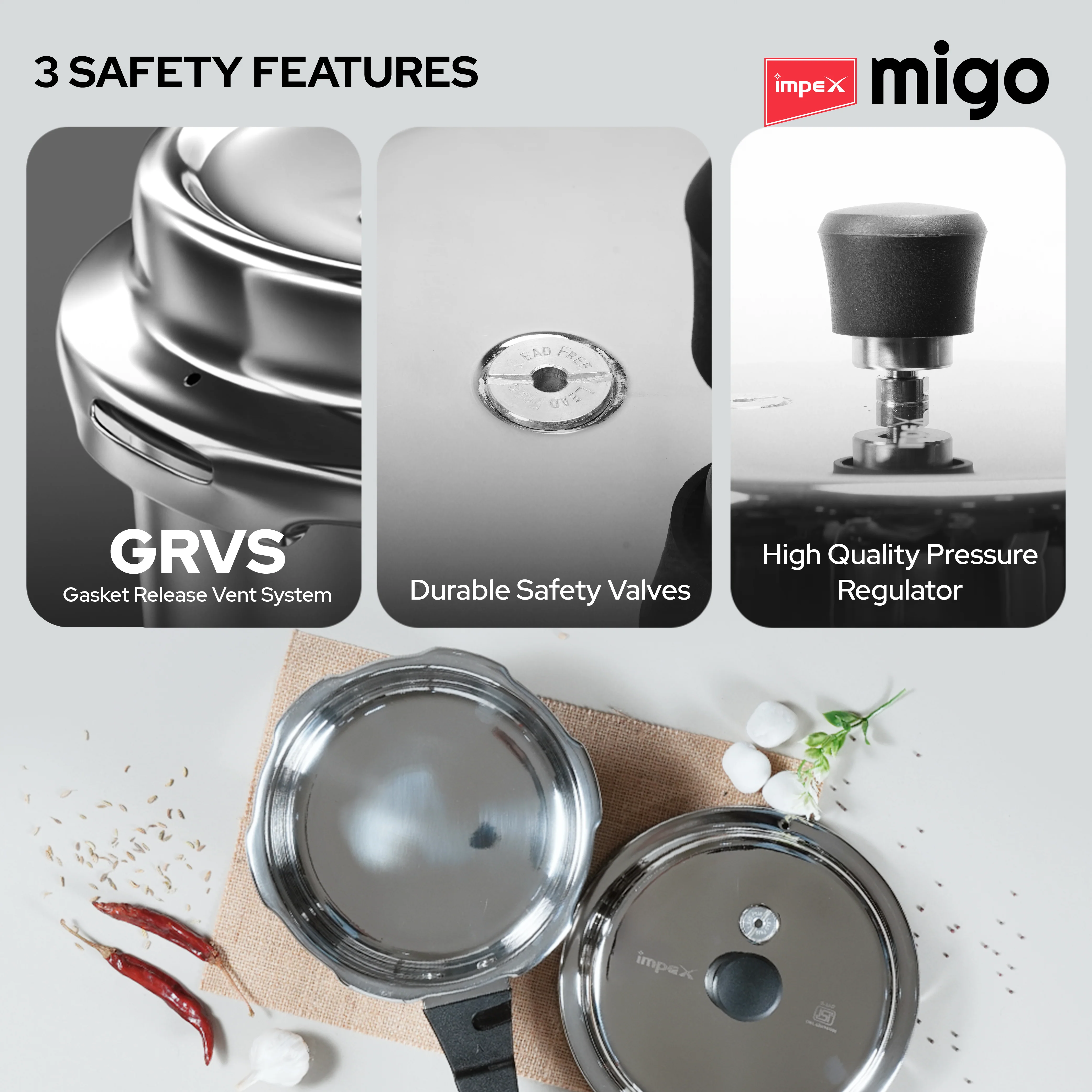 Migo Stainless Steel Pressure cooker IFC 235 SS 5 L, 3 L, 2 L Induction Bottom (Pack of 3) - Image 3