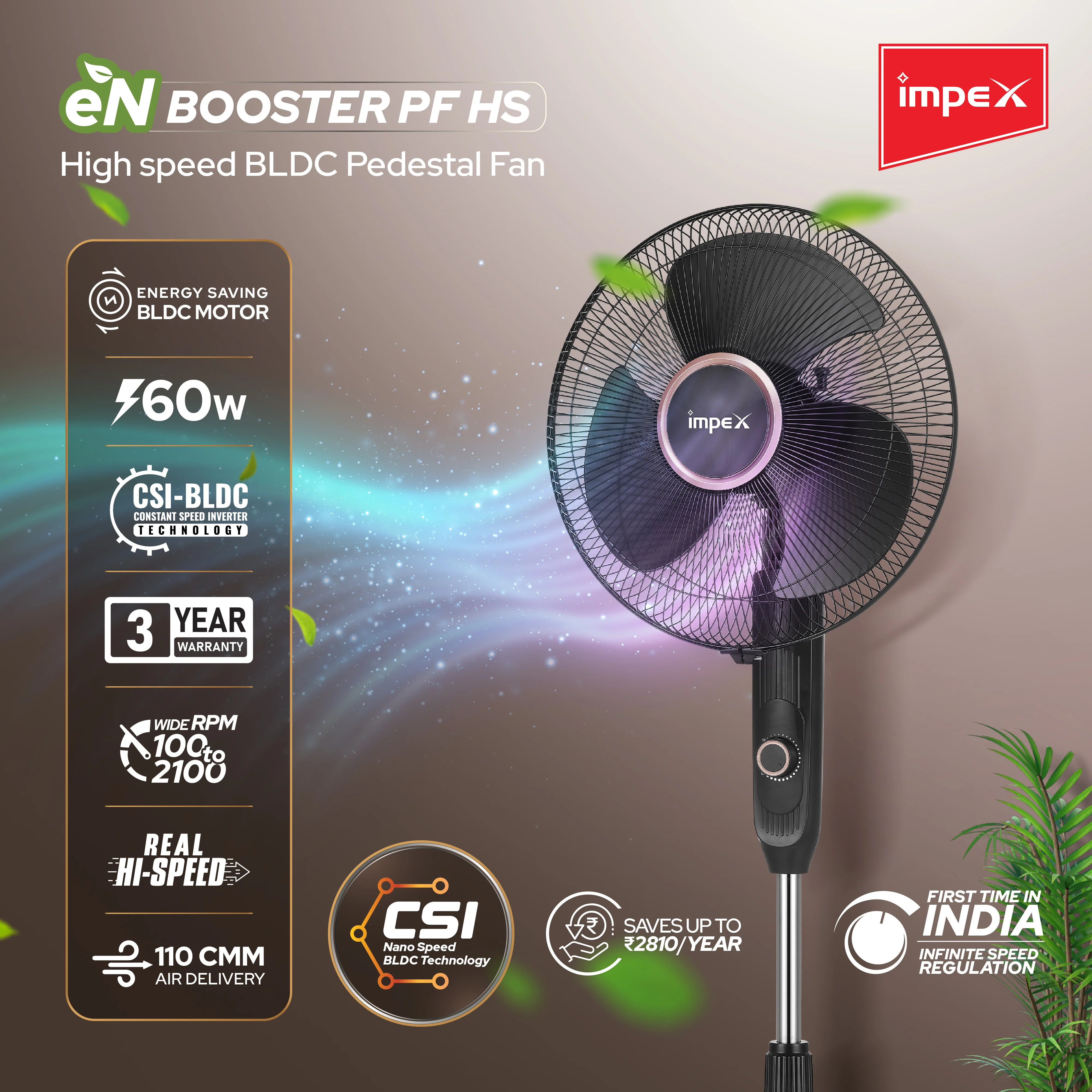 Impex BLDC Pedestal Fan eN Booster PF HS Black, 3-Leaf Balanced Blades, Adjustable Height, 100-2100 RPM with 3 year warranty - Image 3