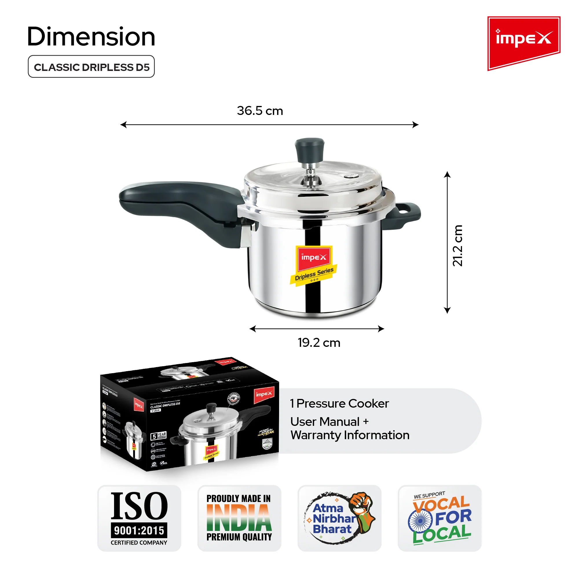 Impex CLASSIC DRIPLESS D5 Stainless Steel Pressure Cooker, 5 Litre, Induction Compatible, Dripless Lid, and 5-Year Warranty - Image 6