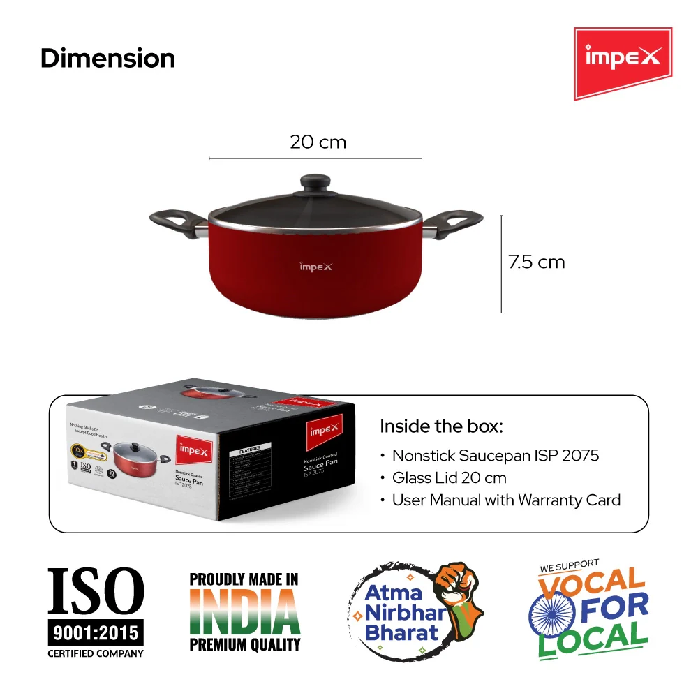 Impex ISP-2075 Aluminium Non Stick Induction Base Sauce Pan(2 Litres , 20 cm) - Image 5