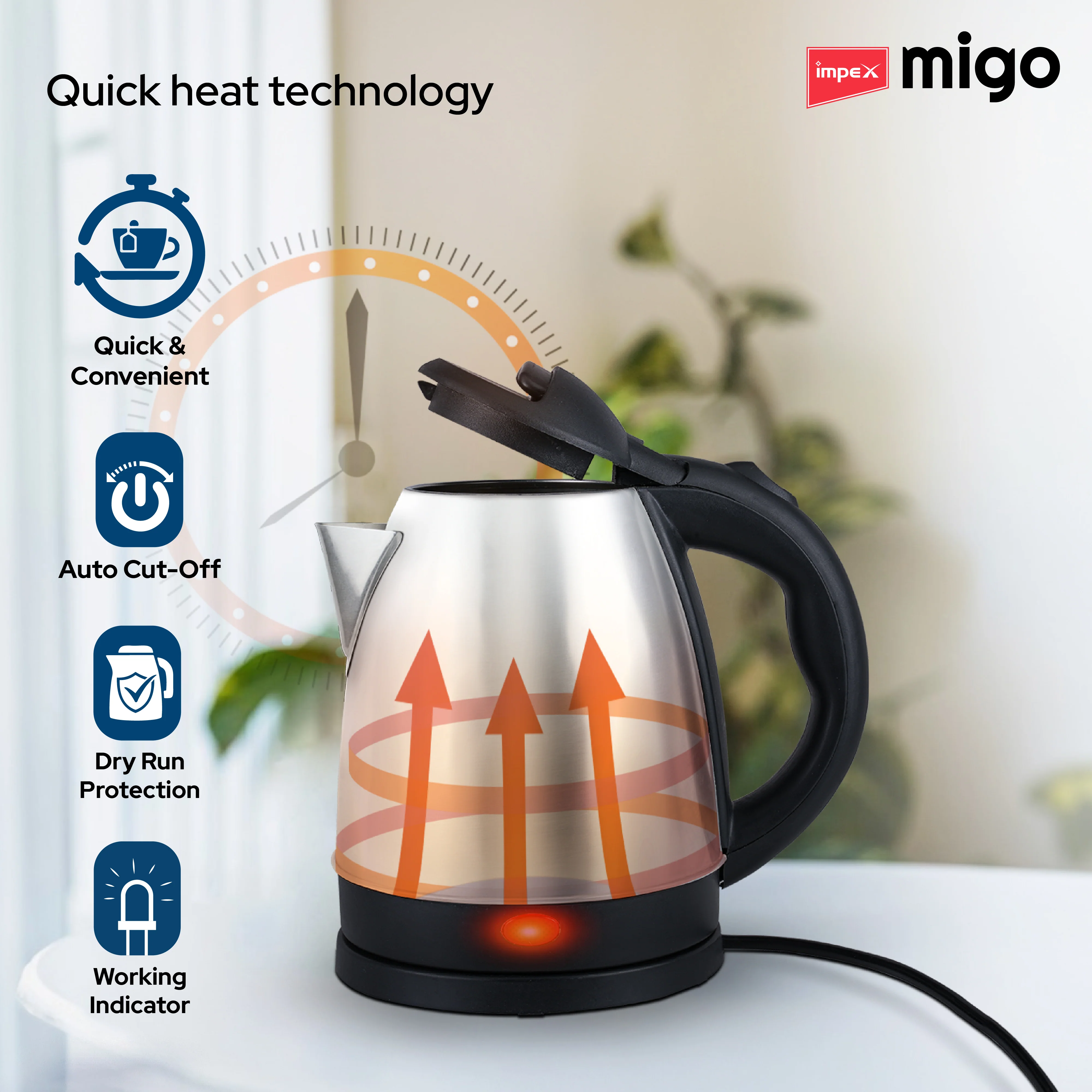 Impex Migo Inferno Stainless Steel Electric Kettle 1.8 Litre 1500 Watts 1 Year Warranty - Image 5