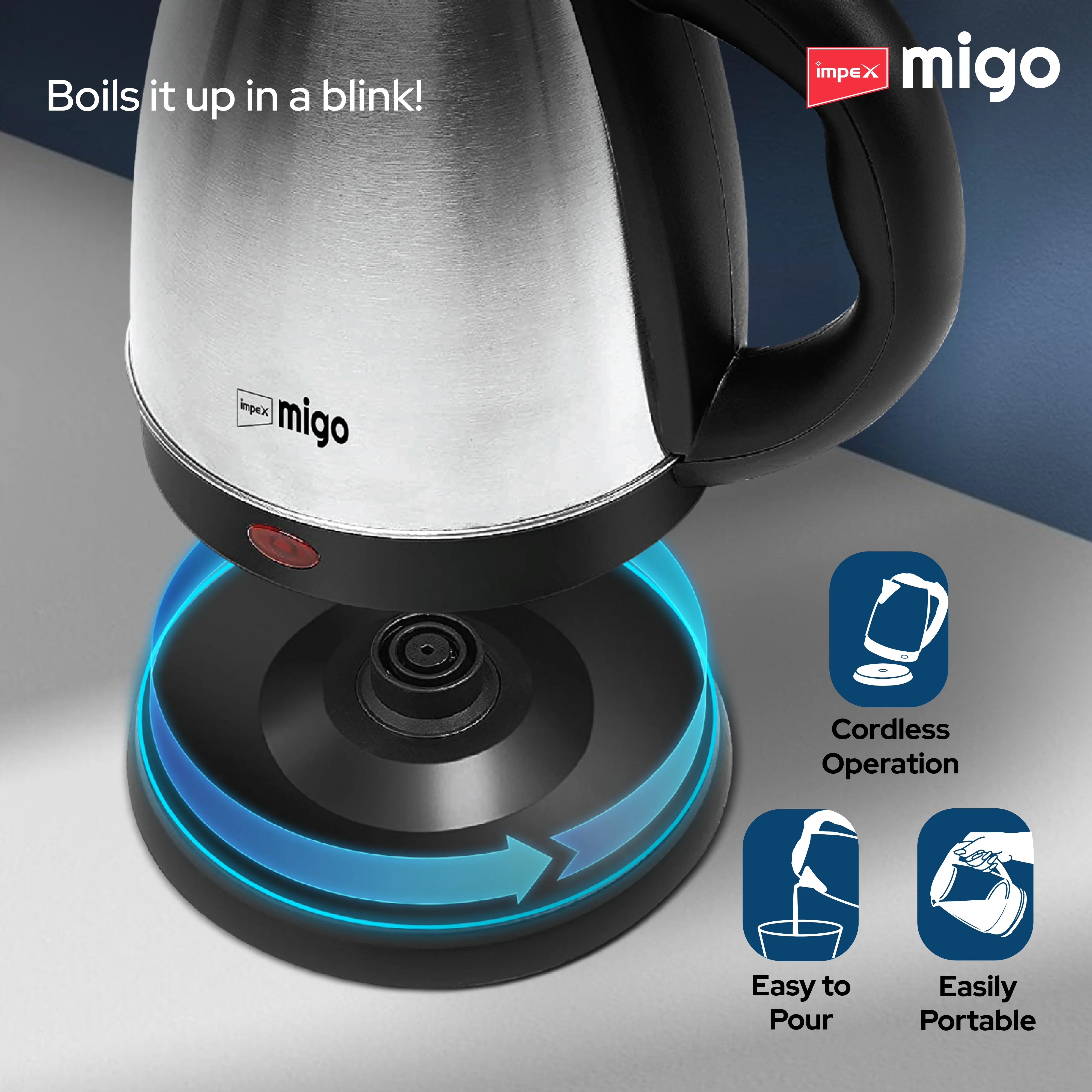 Impex Migo Inferno Stainless Steel Electric Kettle 1.8 Litre 1500 Watts 1 Year Warranty - Image 8