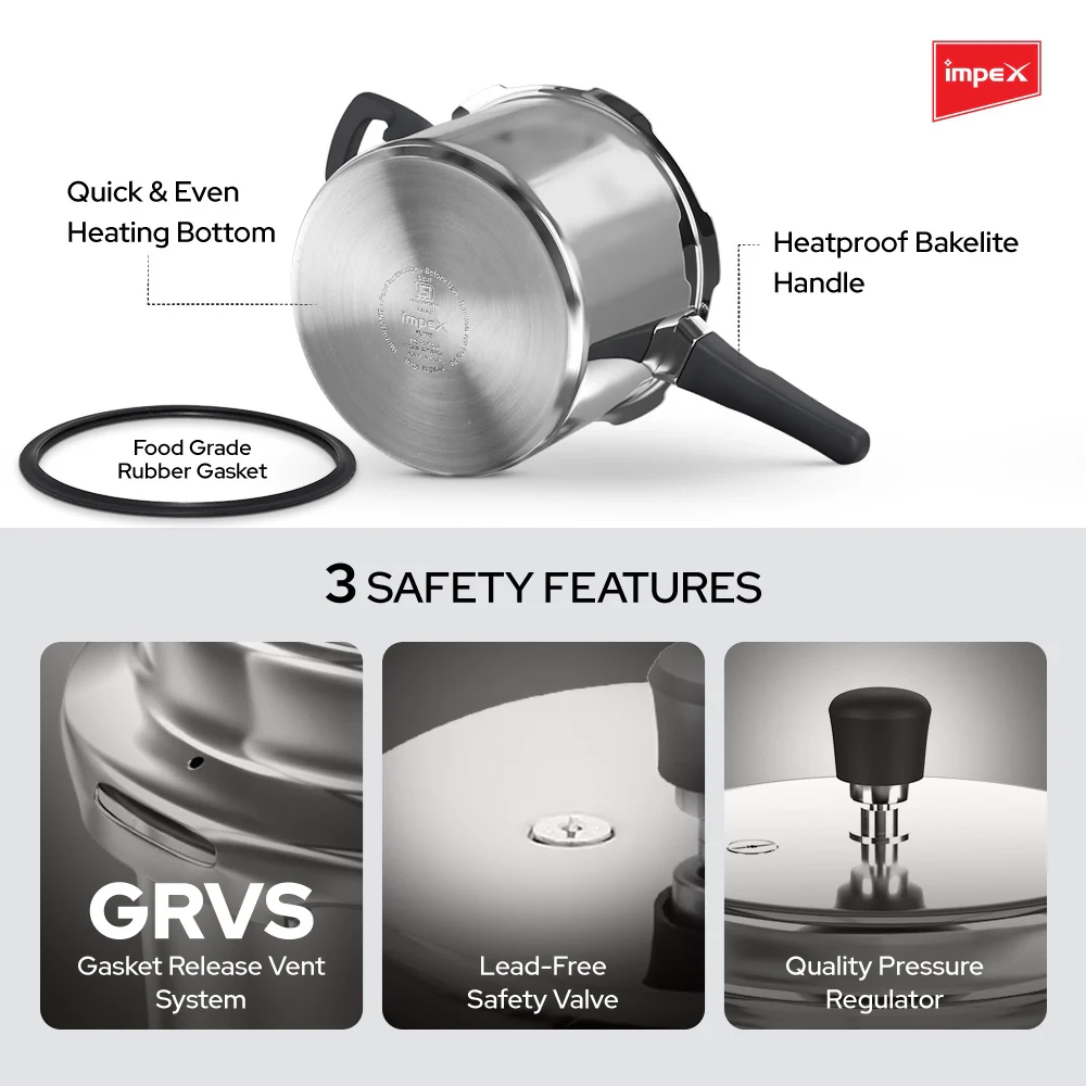Impex Norma Non-Induction Base Outer Lid Aluminium Pressure Cooker, 5 litres, Silver - Image 3