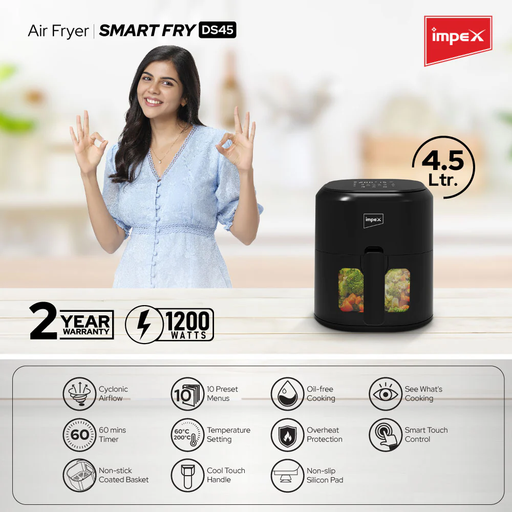 Impex Smart Fry DS45 Air Fryer 4.5 L, 1200 W | 80% Less Oil | Instant Electric Air Fryer | Auto Cut Off | Fry, Defrost, Roast, Grill & Bake | 2 Year Free Home service warranty (Black) - Image 3